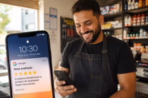 Dono de pequena empresa recebendo notificação de nova avaliação 5 estrelas no Google pelo celular