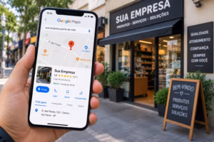 Celular mostra empresa localizada no Google Maps, destacando como negócios locais podem ser encontrados por clientes próximos.