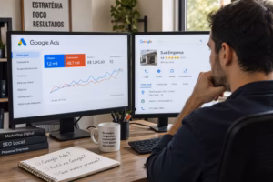 Dono de pequena empresa compara Google Ads e Perfil da Empresa no Google para decidir onde investir no marketing digital.